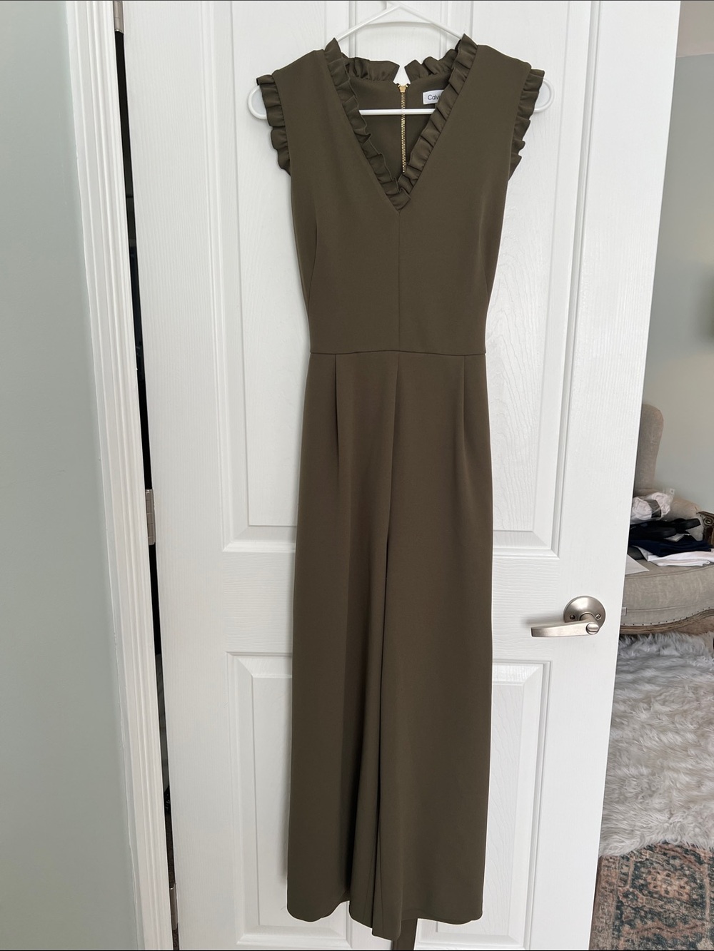 Calvin Klein Olive Green Ruffle V-Neck Wide-Leg Jumpsuit